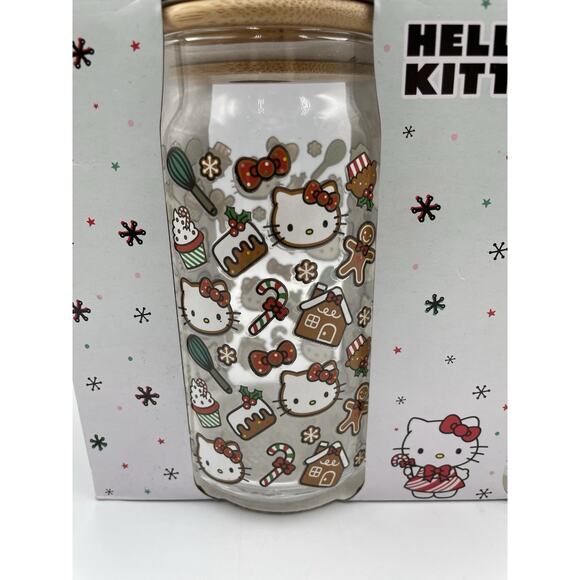 Sanrio Hello Kitty Christmas Gingerbread Glass Tumbler W/ Straw 16oz Set of 2 - Picture 2 of 8